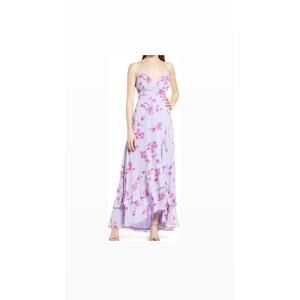 Lulus NWT Lilac Floral Ruffle Maxi Dress Wrap V-Neck Spaghetti Strap M Wedding